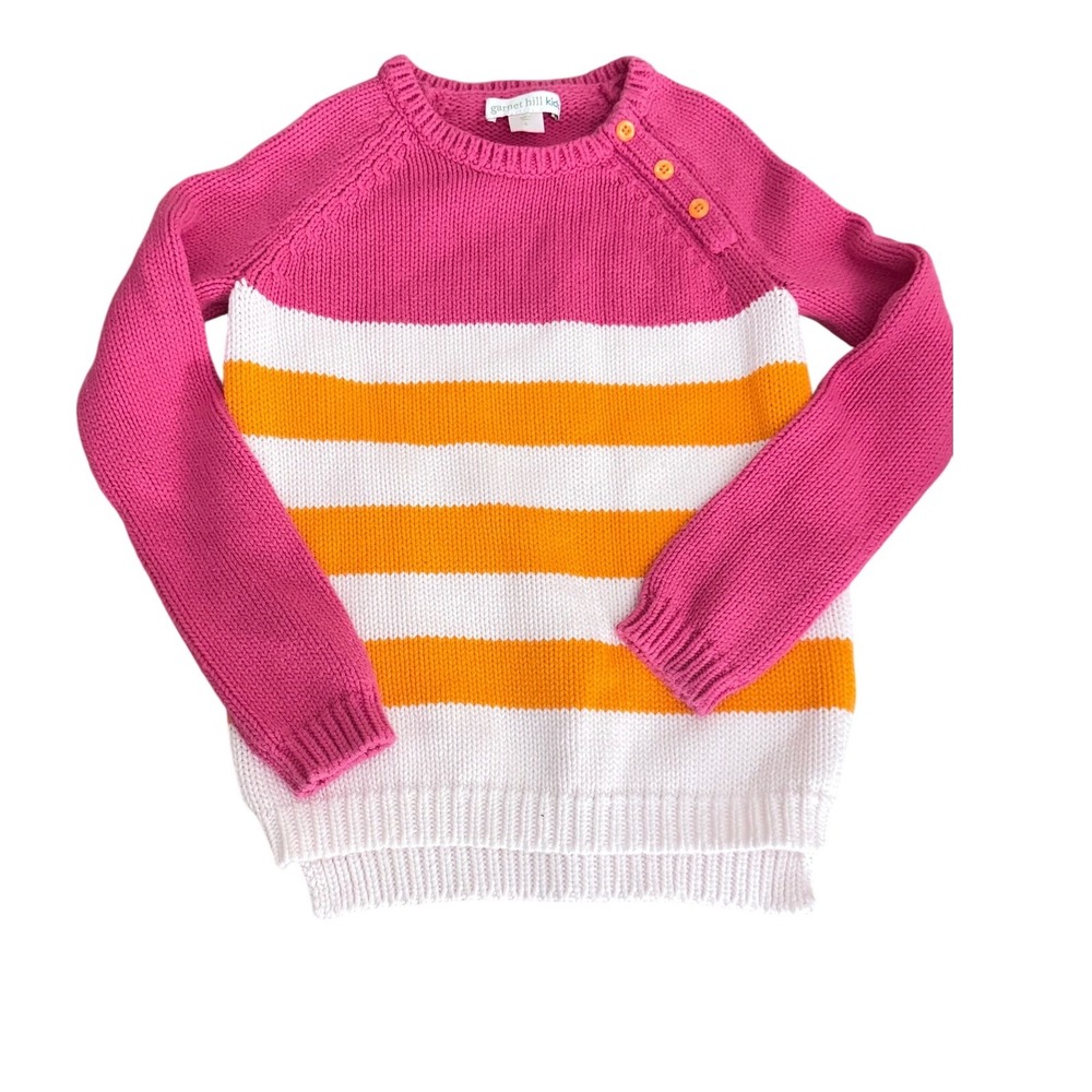 Garnet Hill Kids Sweater Cotton Pink Orange White Striped Crewneck Large